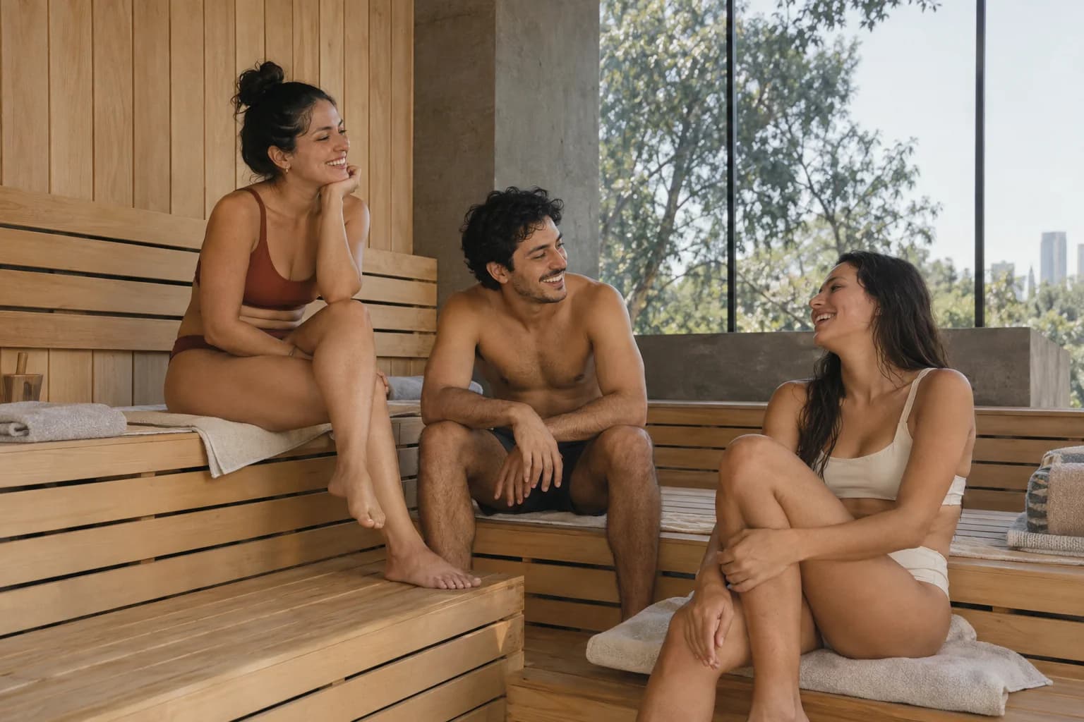 Tres amigos conversan en un sauna de madera, una escena ilustrativa creada con IA.